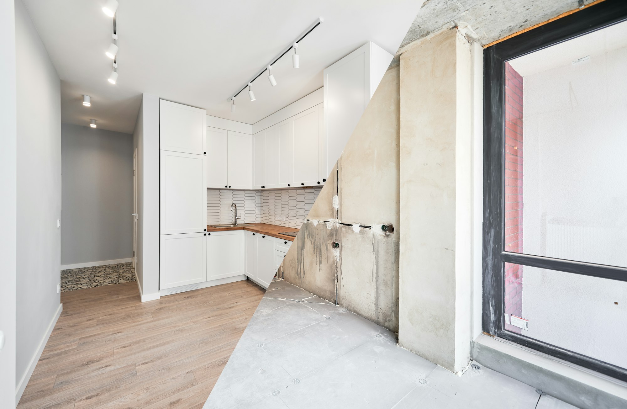 Comparison of kitchen room before and after renovation.